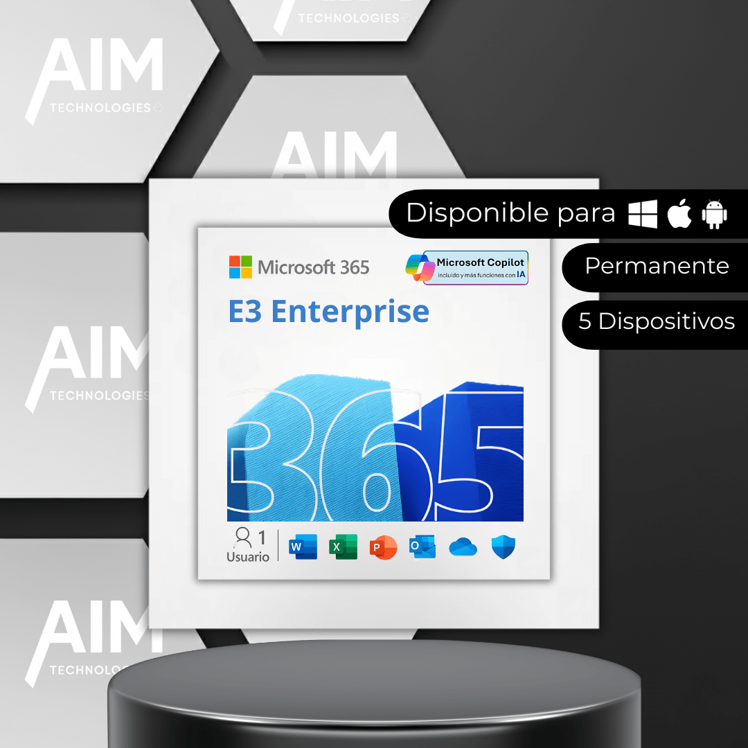 Imagen del producto Microsoft Office 365 E3 con 5TB de OneDrive y IA Copilot, en caja con logo de AIM Technologies.