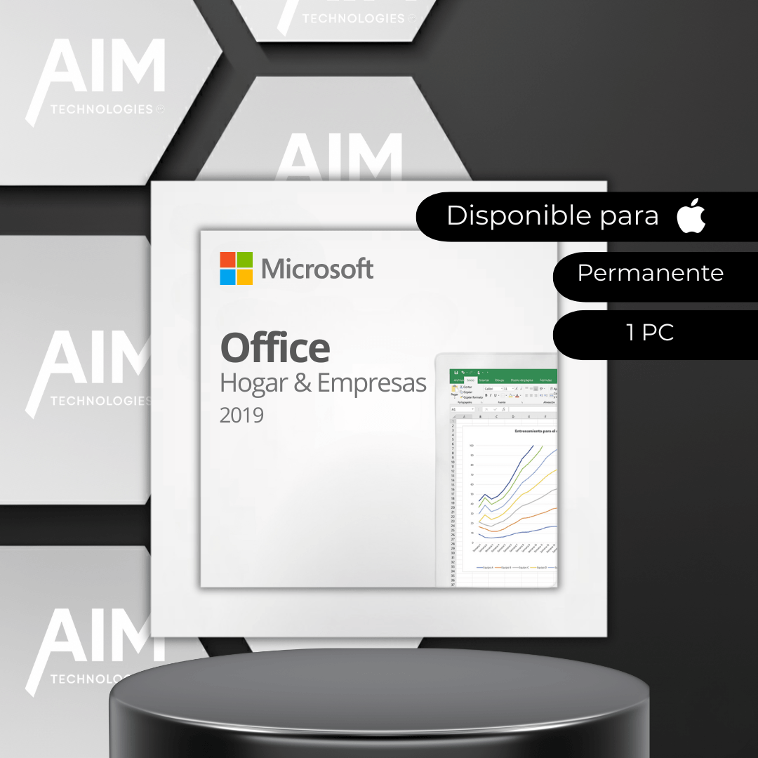 Microsoft Office 2019 Hogar y Empresas para Mac, licencia para 1 PC, con vinculación y opción de reinstalación, en caja con logo.
