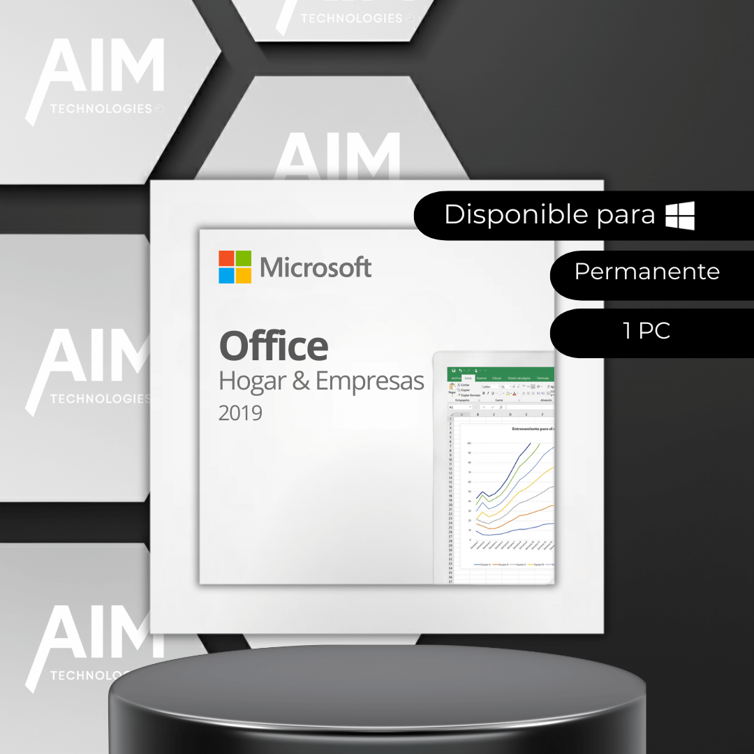 Microsoft Office 2019 Hogar y Empresas para 1 PC, licencia de AIM Technologies, interfaz de Office en pantalla.